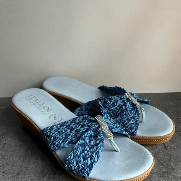 Italian Shoemakers Mixed Blue Rhinestone Sparkle Thong Wedge Sandals Size 9.5 M - Picture 10 of 16